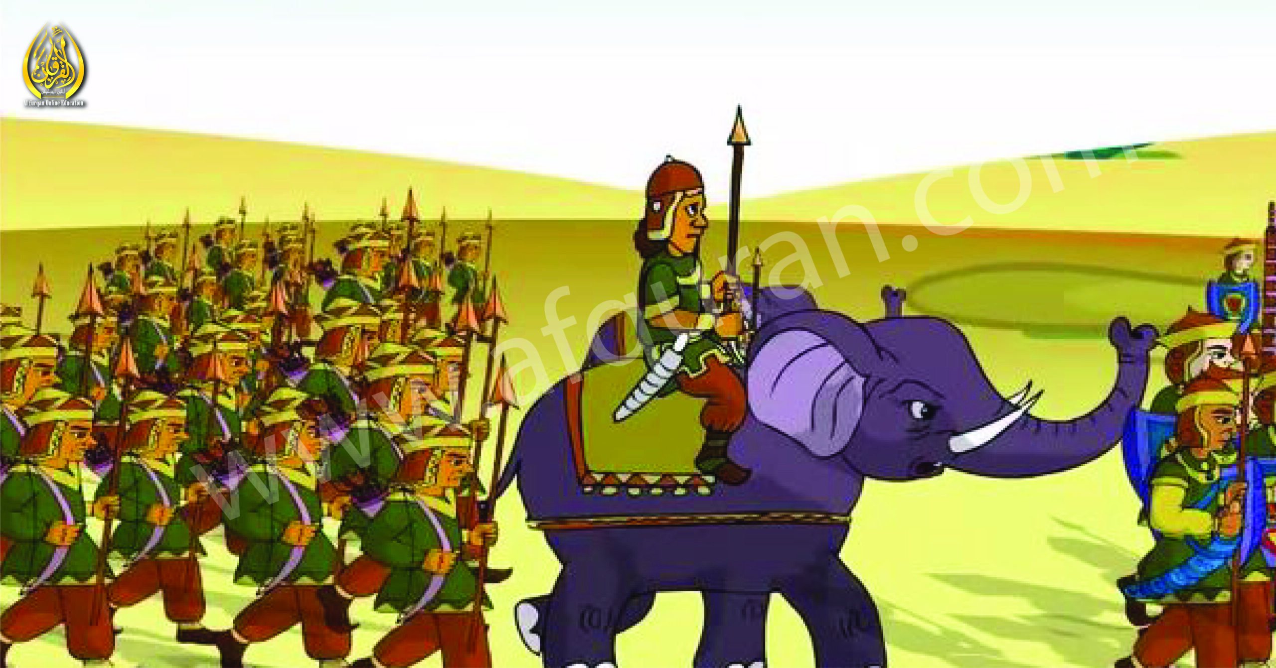 featured image size picture explaining that Abraha is attacking on Ka'aba with his big elephatns. He is on the big elephatn and his soldirers are following him having and wearing weapons and swords